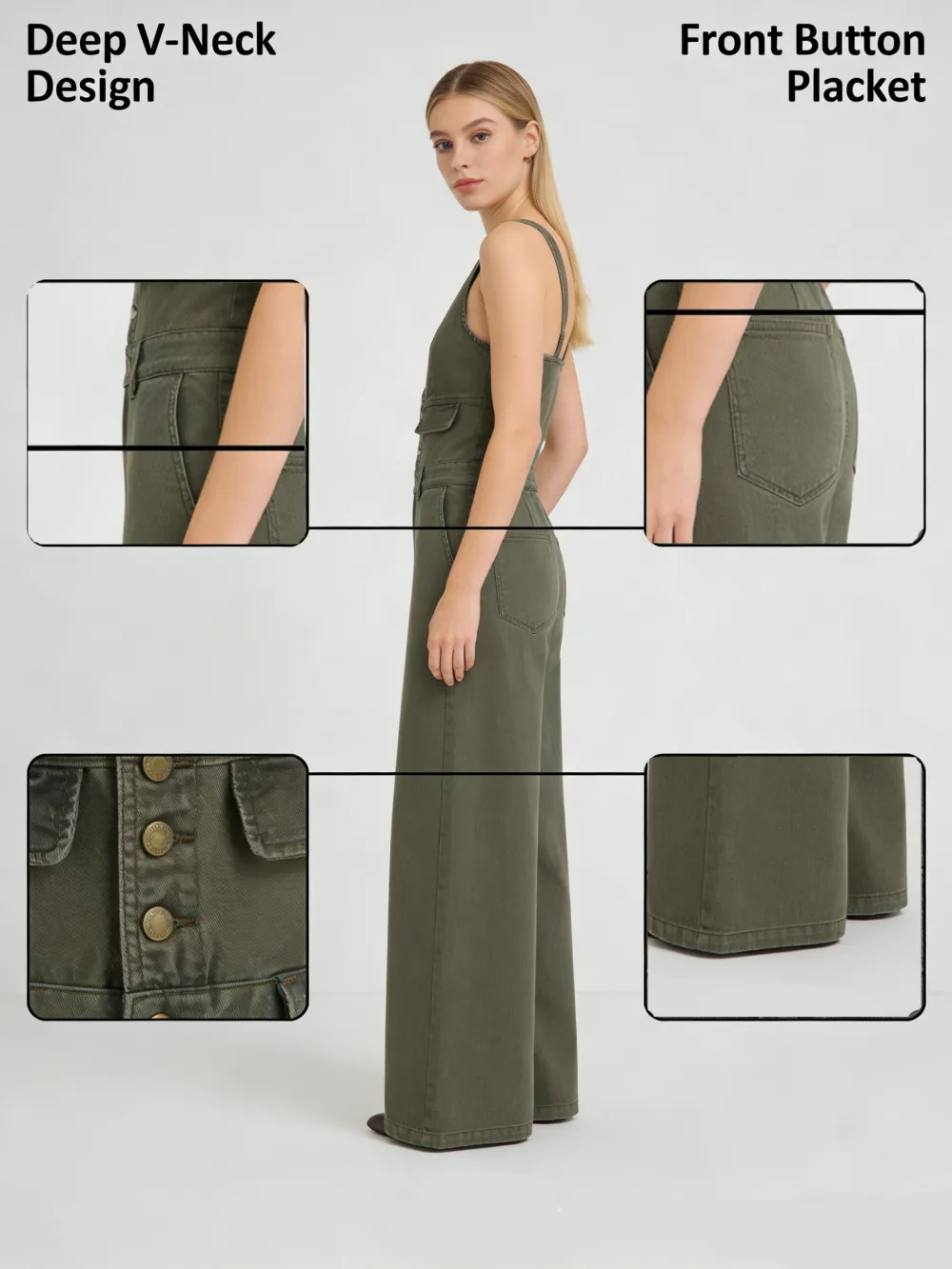 Womens Half Button Denim Jumpsuit Sleeveless V Neck Wide Leg Jeans Overall One Piece Outfits