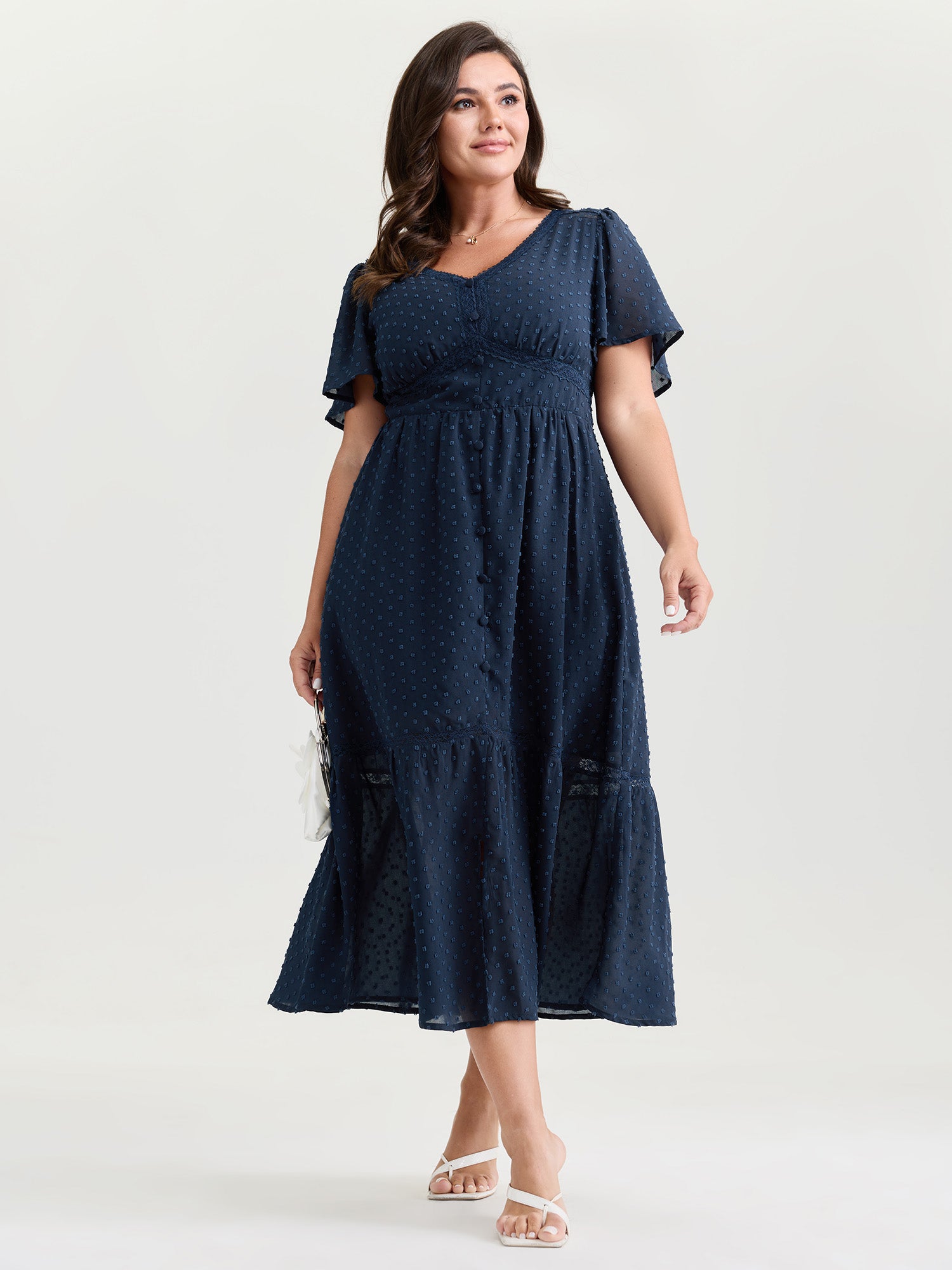 Textured Cinched-Waist V-Neck Midi Dress