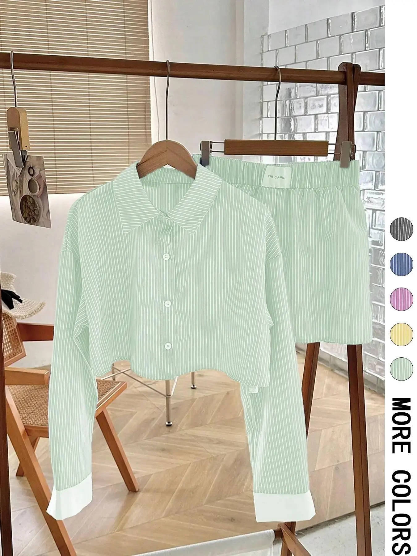 Women's Striped Print Button Front Shirt & Shorts Two-Piece Set