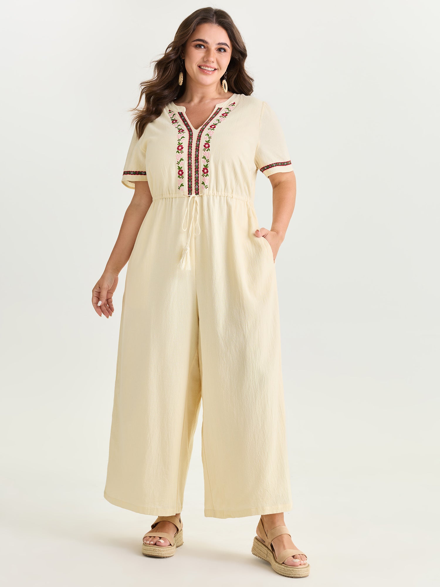 Floral Embroidered Tassel Waist Jumpsuit