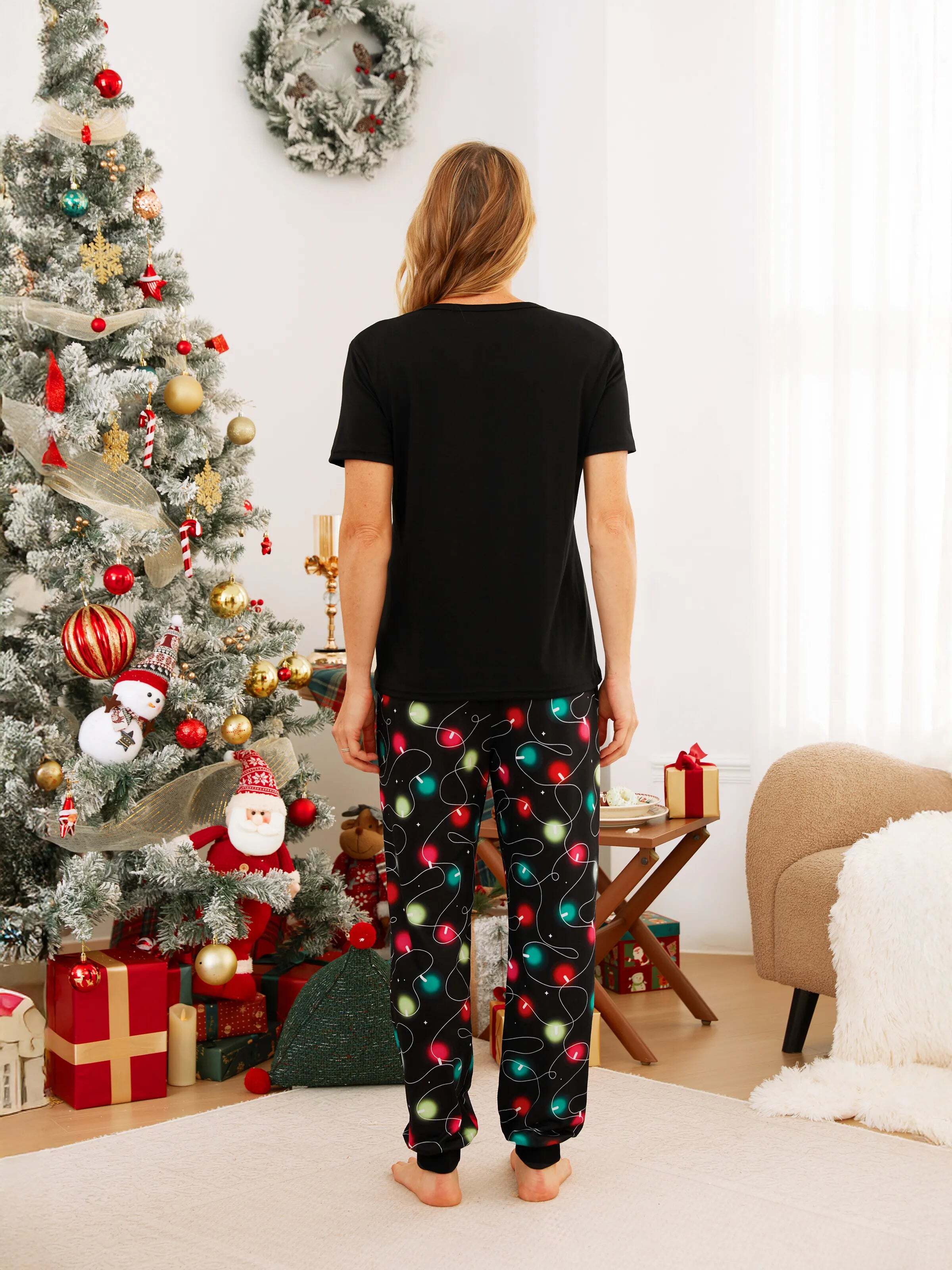 Christmas Family Matching Letters&Festive light bulb Print Short-sleeve Pajamas Sets Black