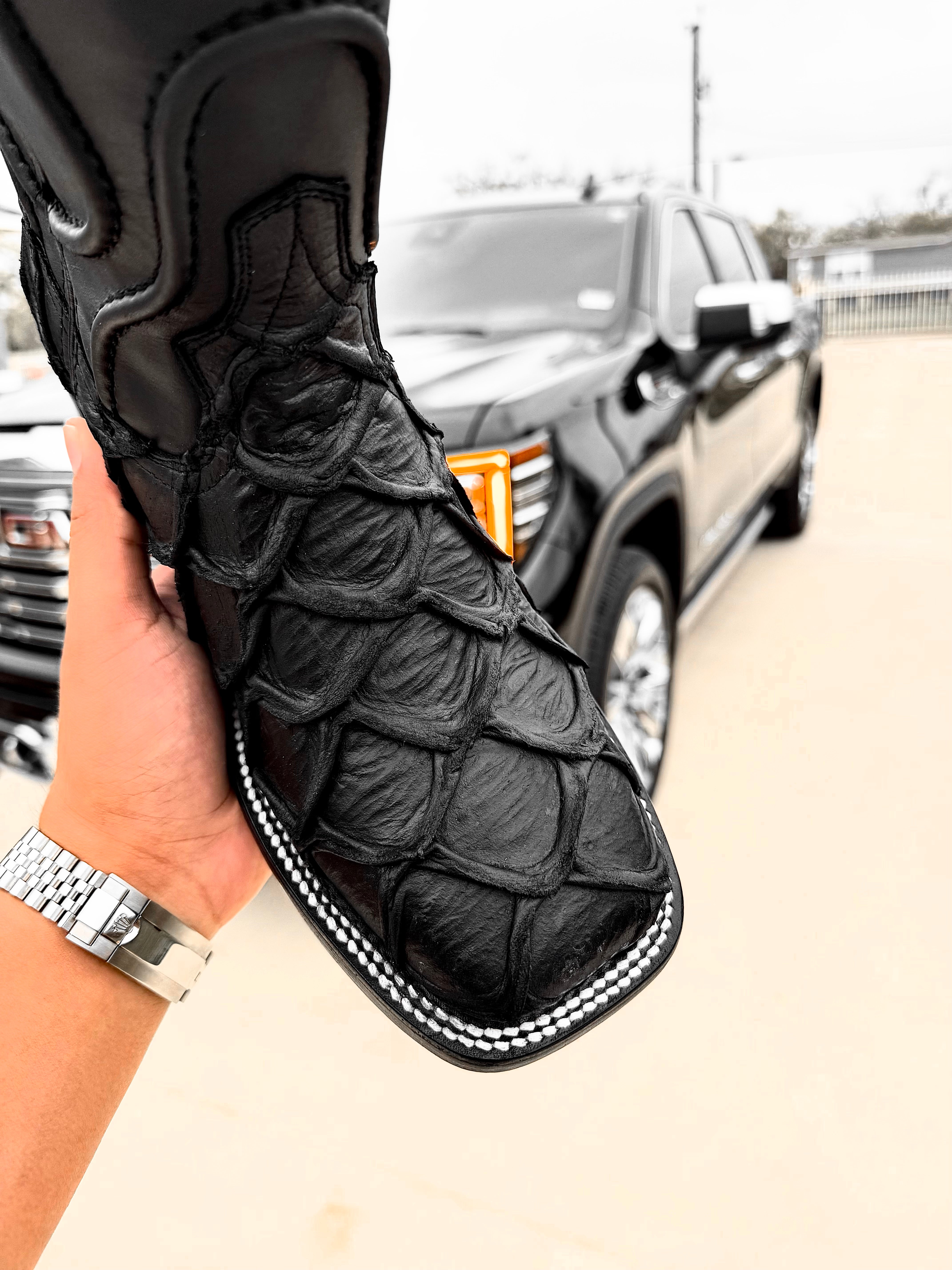 Matte Black Pirarucu Leather Boots - Square Toe