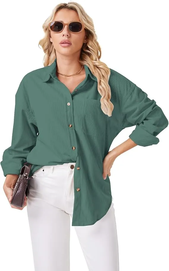 Women's Plain Pocket Button Front Corduroy Shirt