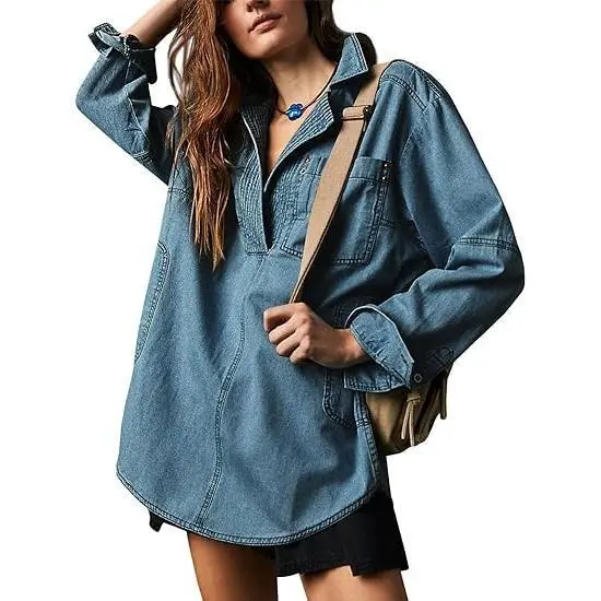 Women's Denim Pullover Casual Loose Fit V Neck Blouse