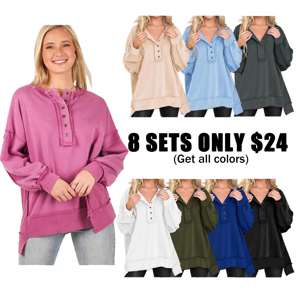 Women's loose-fitting casual long-sleeved button-up pullover shirt