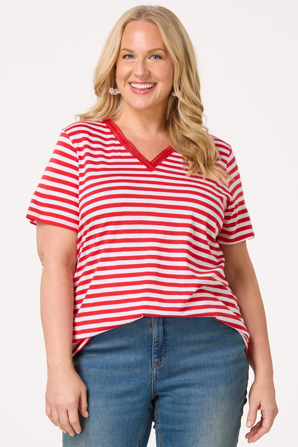 Plus Size Stripe Crochet Trim Top