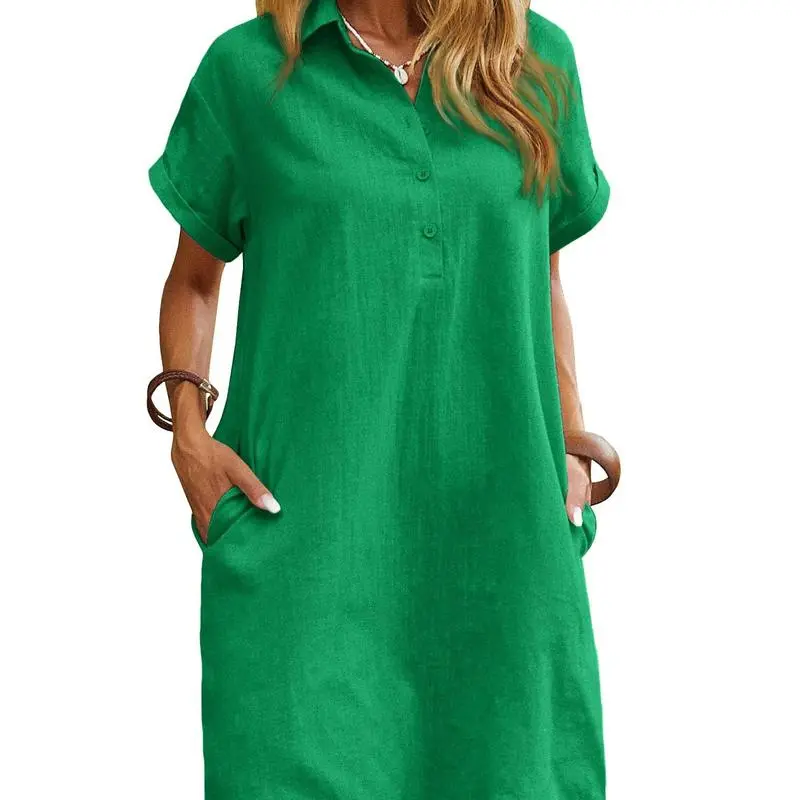 Womens Cotton Shirt Dress Summer Casual Short Sleeve Button Down Beach Cover Up Shirts with Pockets