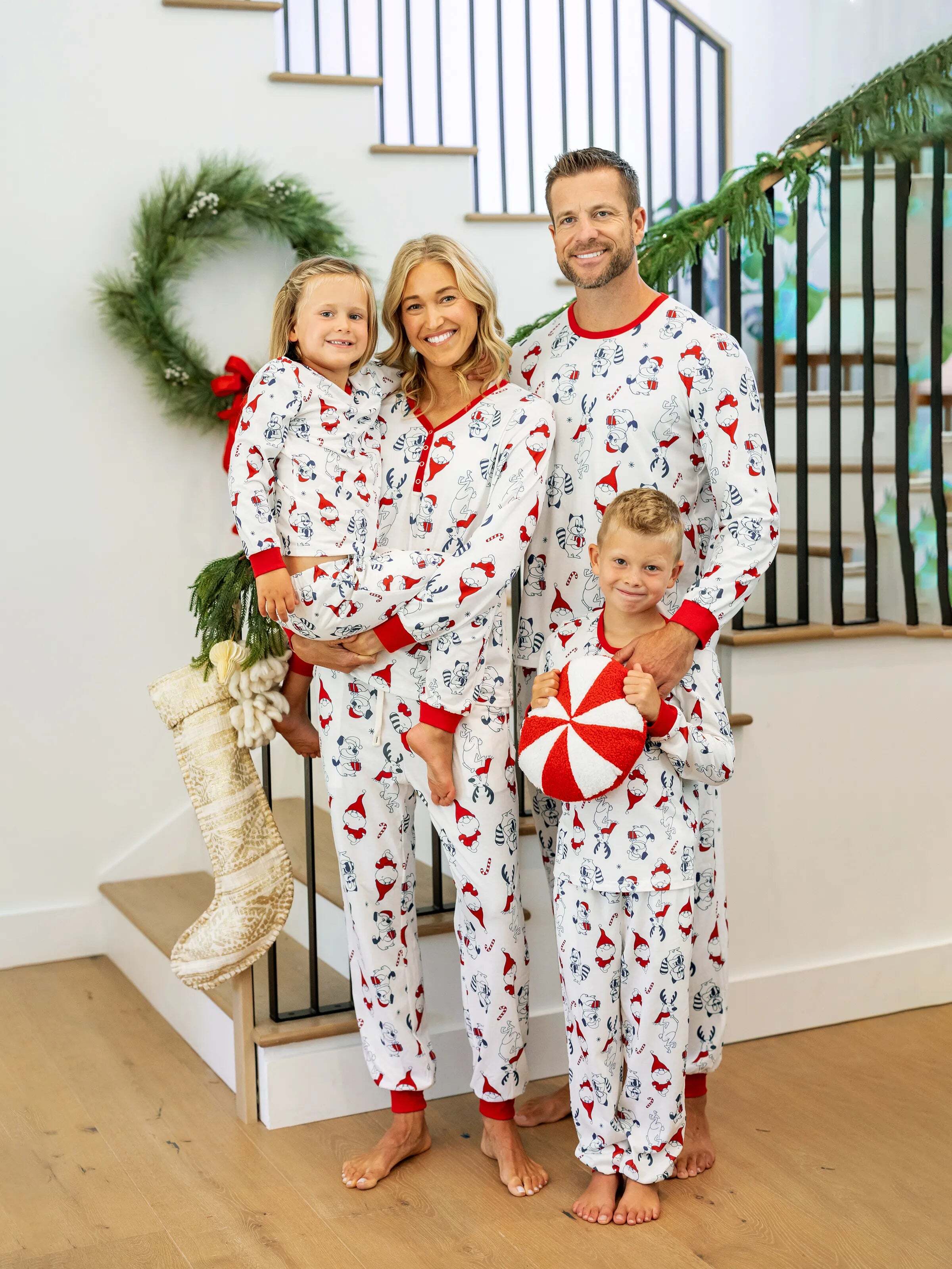 Christmas Matching Family Pajamas Set Santa Claus and Dogs Print PJS with Christmas Socks White