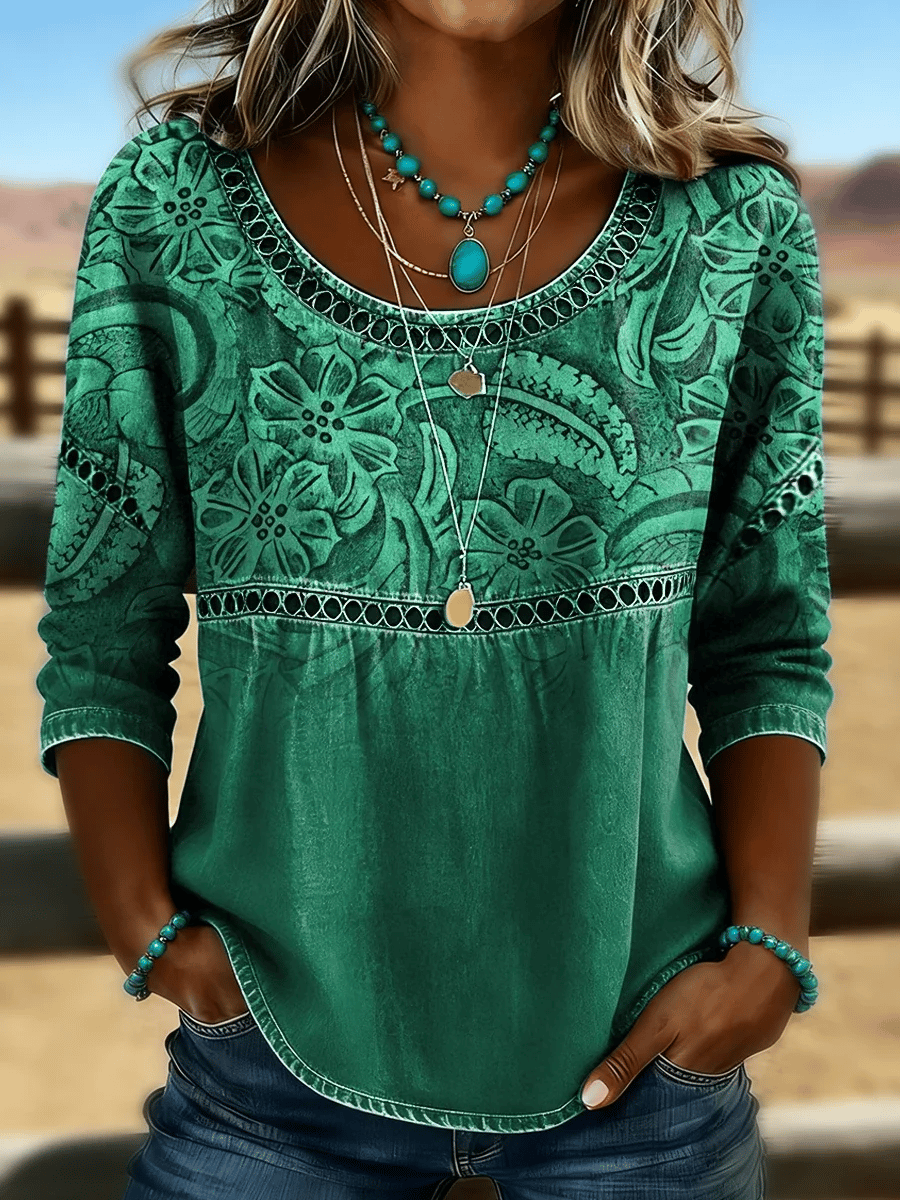 Women's Casual Western Floral Print Cotton Linen Hollow-Out Top