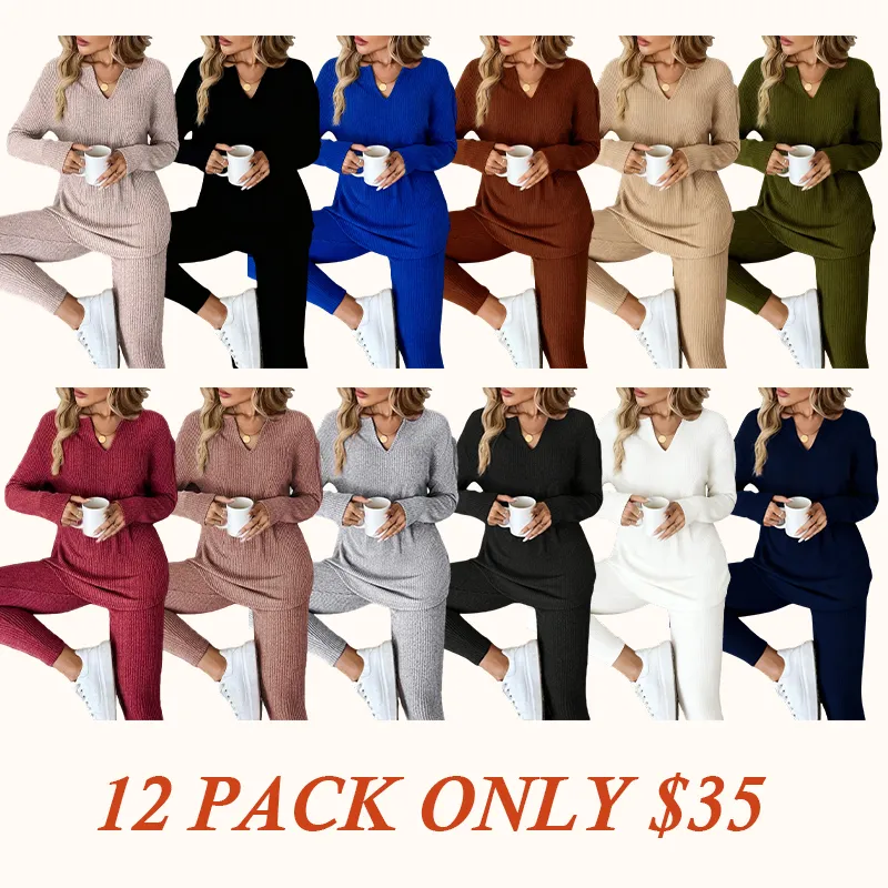 Women's Casual Fleece Ribbed Knit Long-Sleeve T-Shirt and Leggings Set