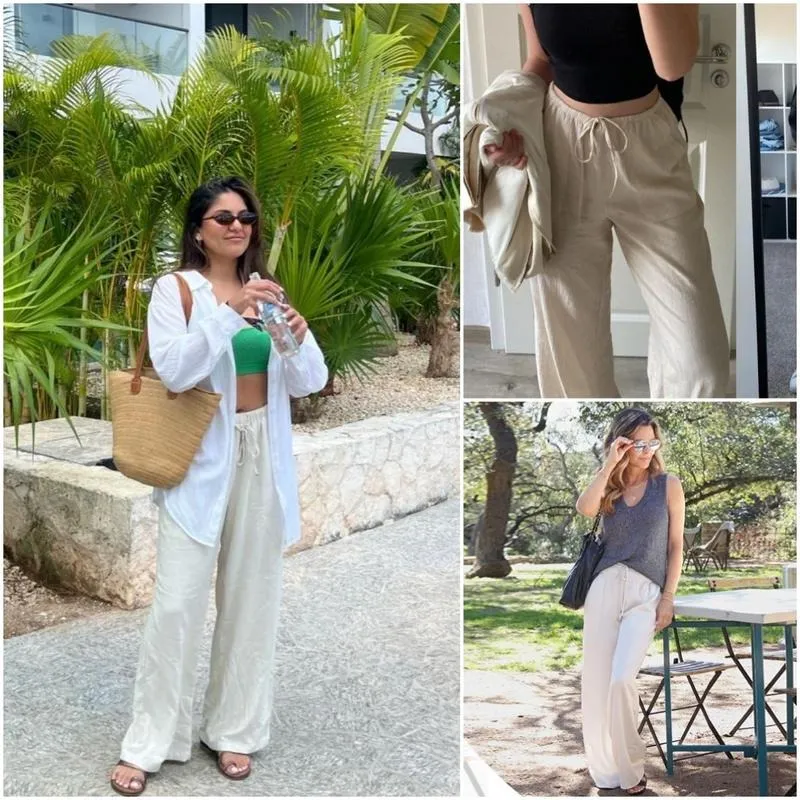 Women's Cotton Linen Summer Palazzo Pants Flowy Wide Leg Beach Trousers with Pockets Casual Womenswear