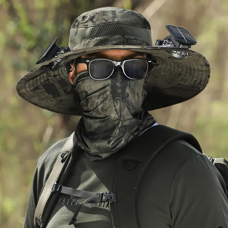 2026 Summer New Solar Powered Fan Hat with Arm Sleeves Neck Gaiter for Men Women Outdoor Wide Brim Bucket Hat with Fan for Hiking