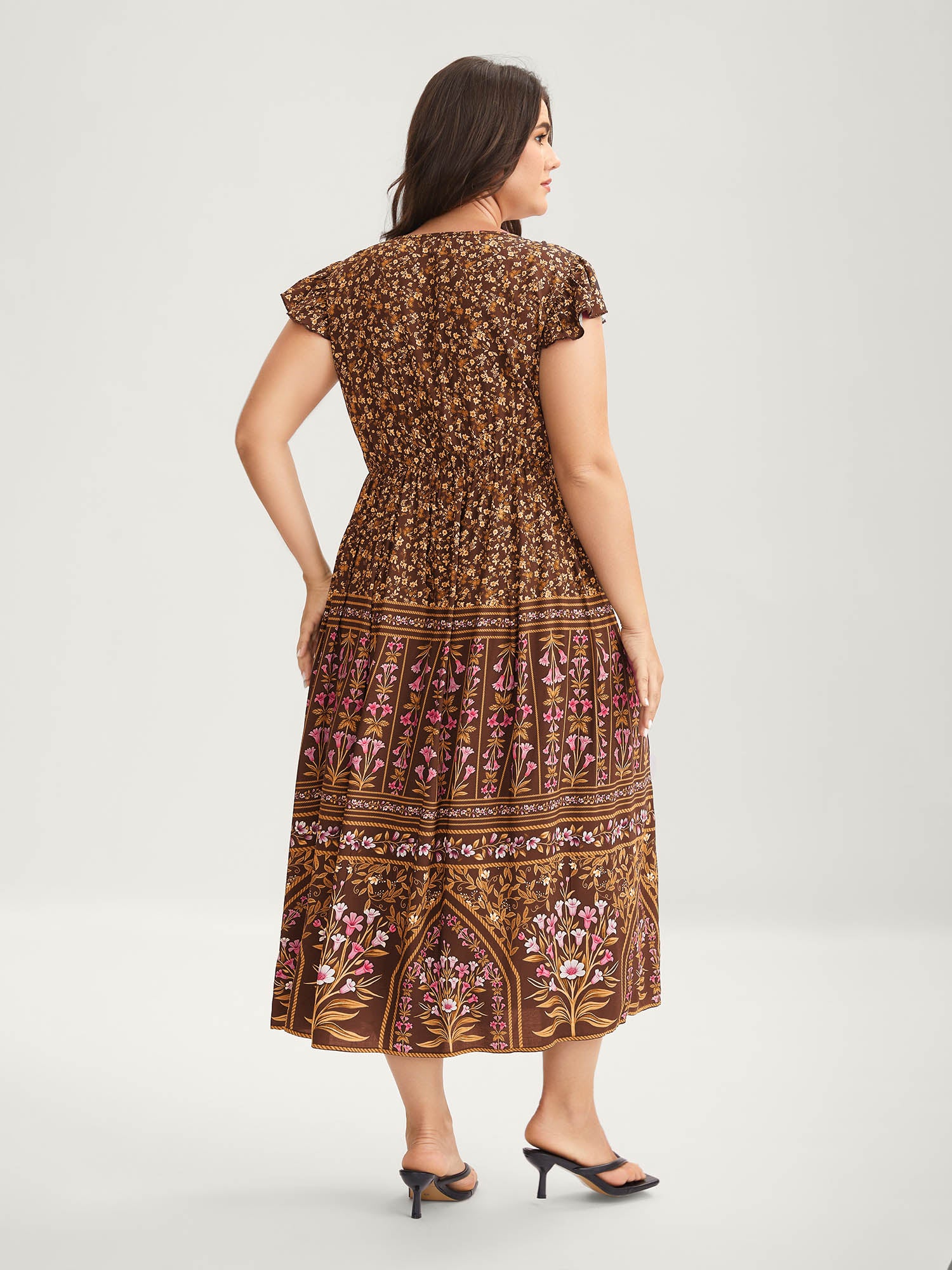 Rayon Garden Fresh Ruffled Sleeve Midi Dress