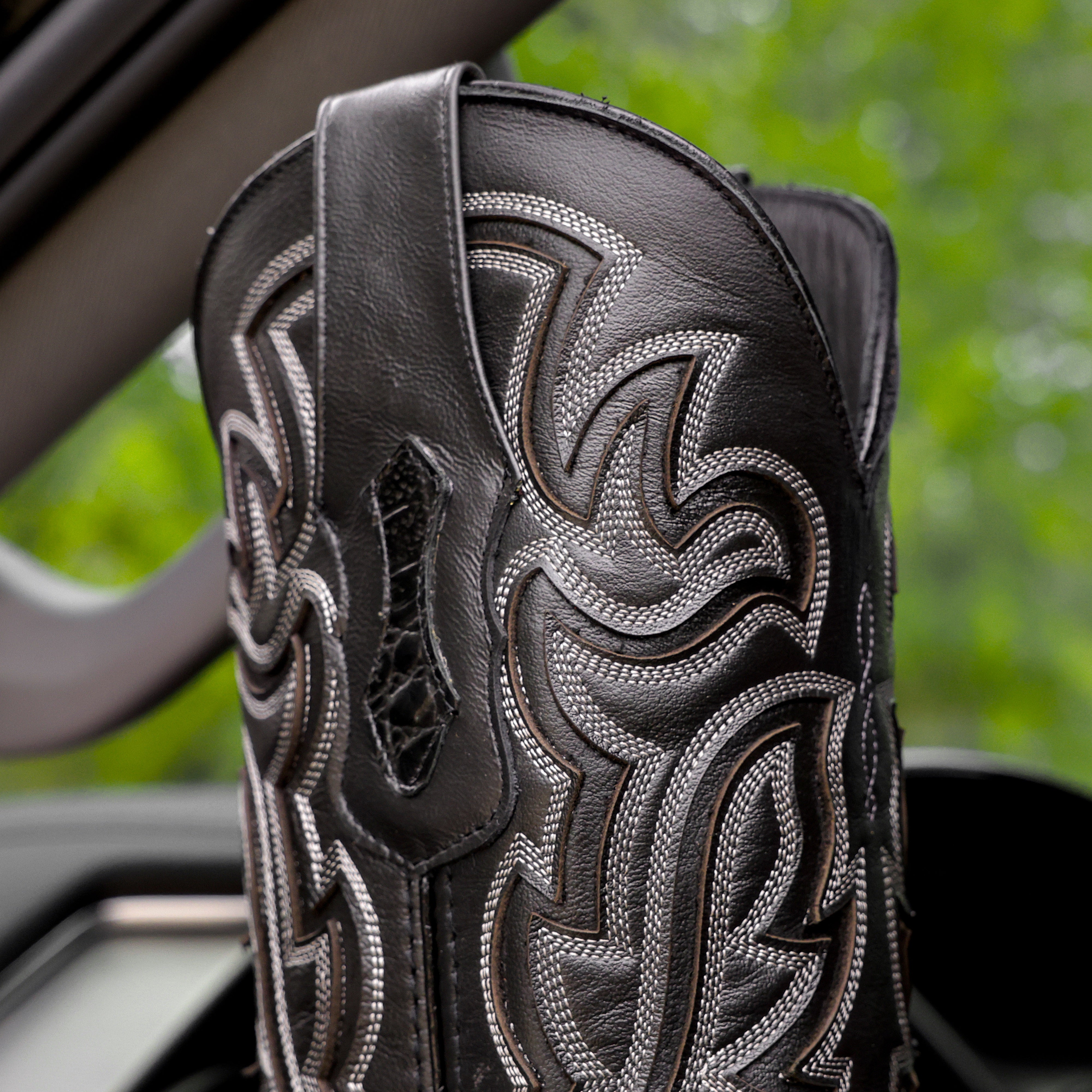 Black Caiman Neck Leather Boots - Square Toe