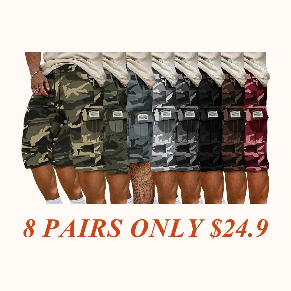 Camouflage Twill Pocket Shorts Three-Piece Set Men's Casual Khaki Green Black Trousers Suitable For Daily Wear