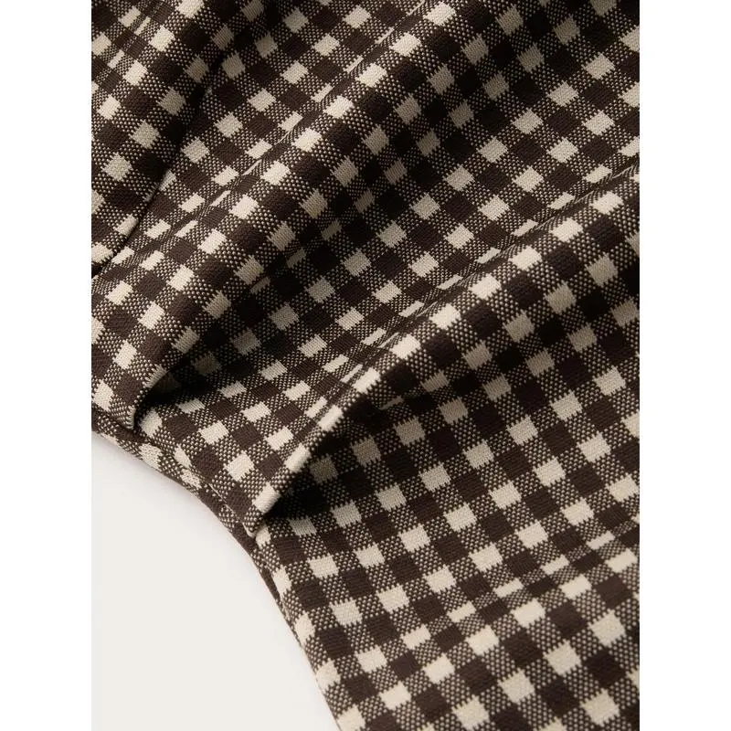 Gingham Bowknot Ruched Long Sleeve Top