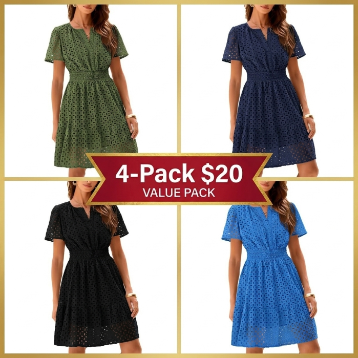 Women’s Eyelet Lace A-Line Summer Dress – V-Neck Ruffle Casual Mini Dress