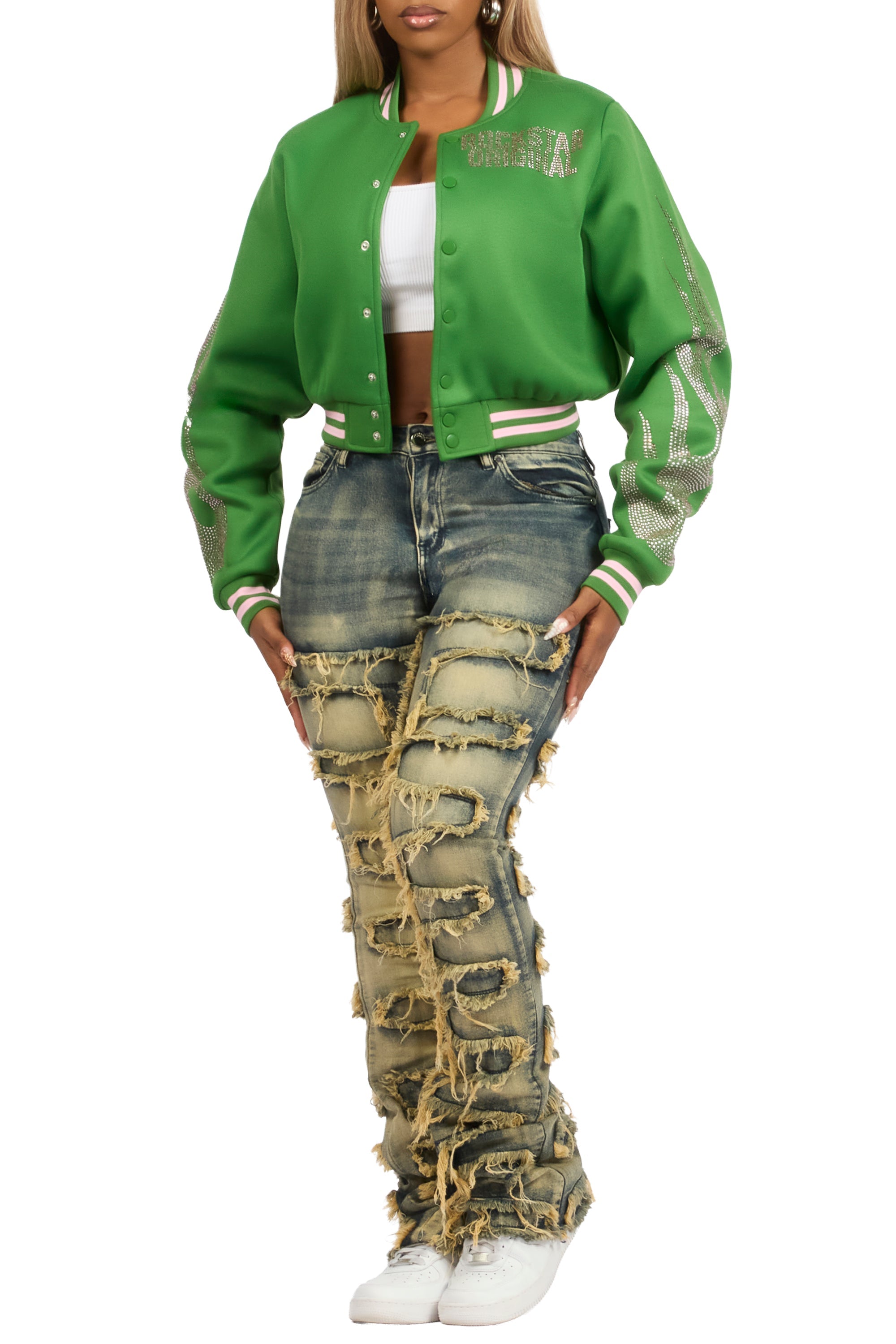 Beunca Green Rhinestone Varsity Jacket