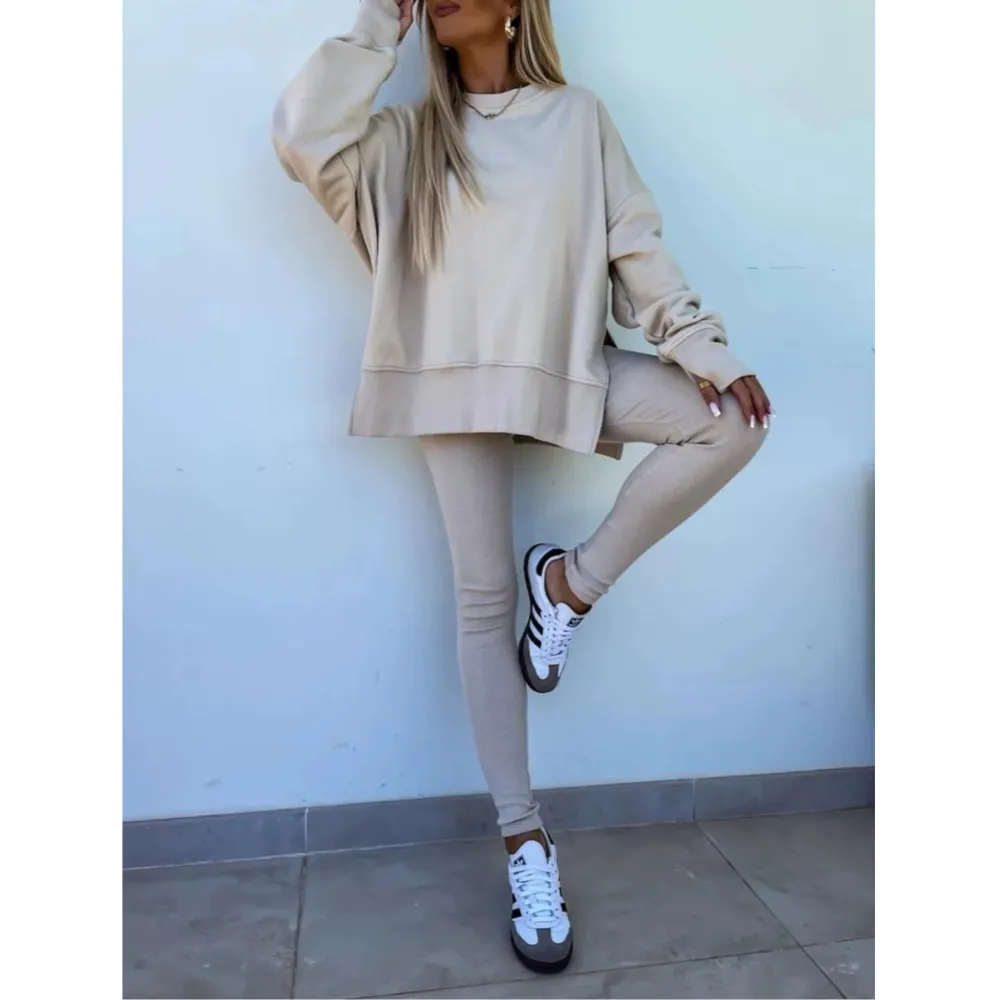 Women's Solid Long Sleeve Pullover & Leggings Sports Set
