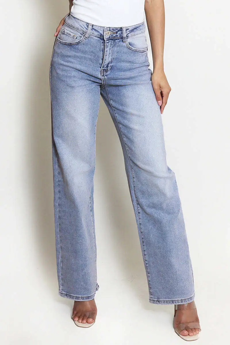 Casual Mid-Rise Denim Multi-Pocket Wide Leg Jeans