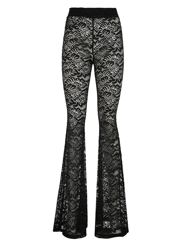 Lace See-Through High Waist Flared Pants In Black