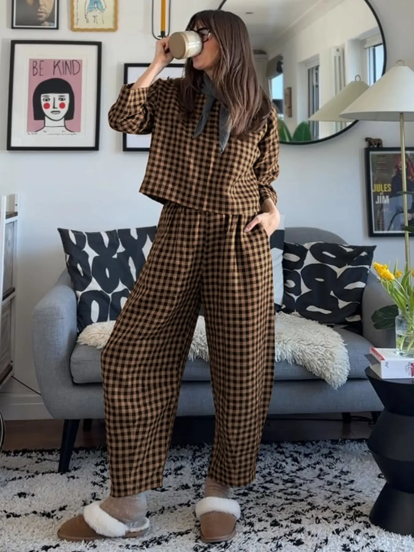 Women's Casual Woven Fabric Plaid Checkered Print Co-ord Set for Fall, Loose Fit Long Sleeve Top & Elastic Waist Wide Leg Pants Two-Piece Set
