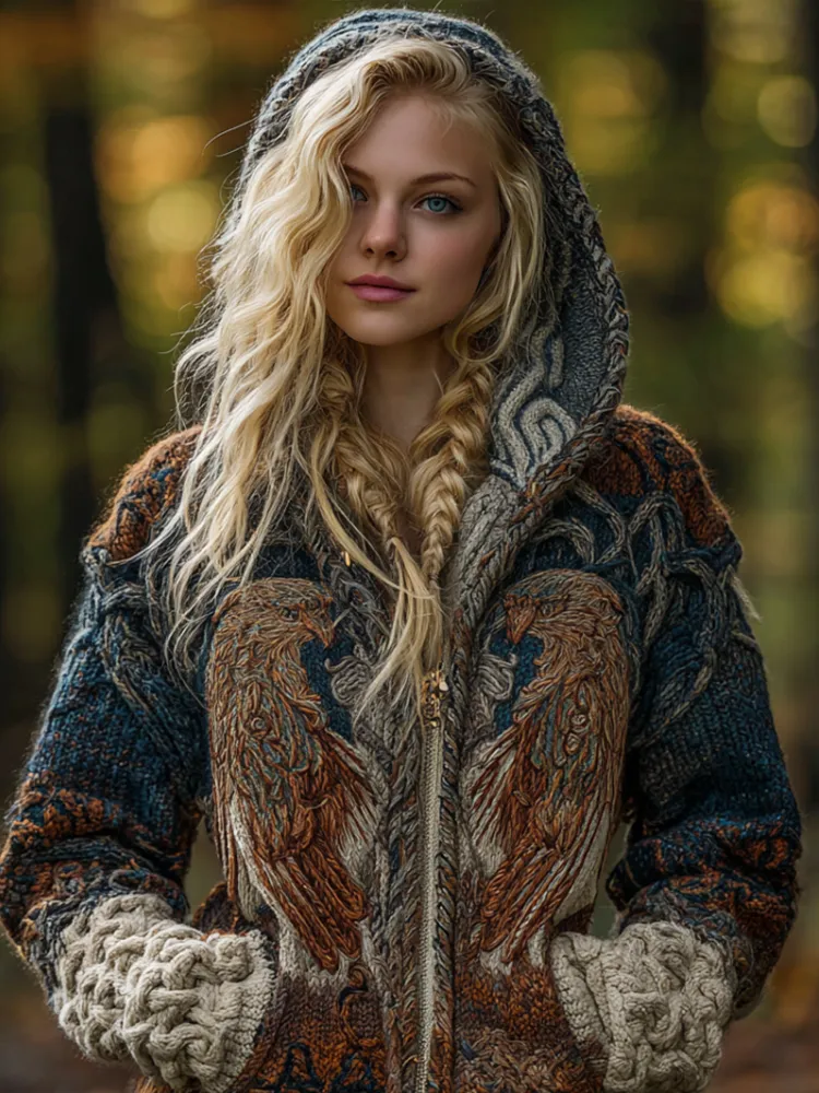 Women's Viking-style Winter Warm Hooded Knitted Sweater Coat