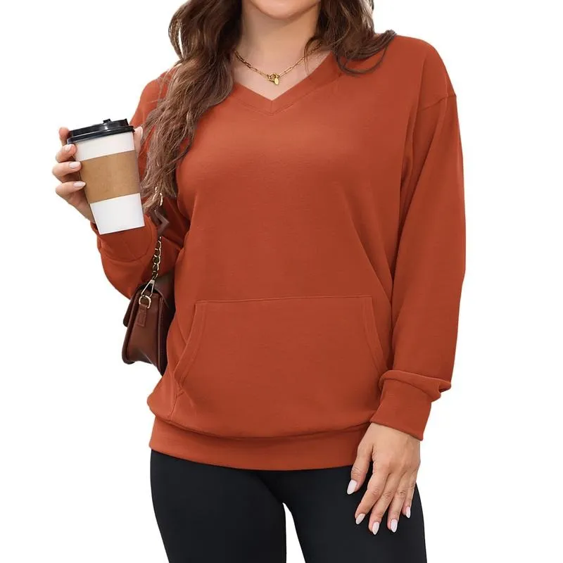 Women's hoodless V-neck fleece long-sleeved shirt with kangaroo pocket