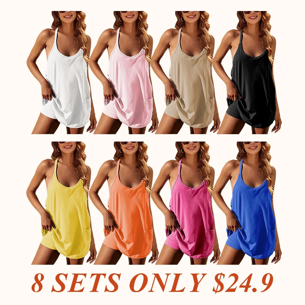 Women's Athletic Sleeveless Mini Dress with Built-in Shorts Summer V Neck Spaghetti Strap Short Spring Tennis Dress with Pockets