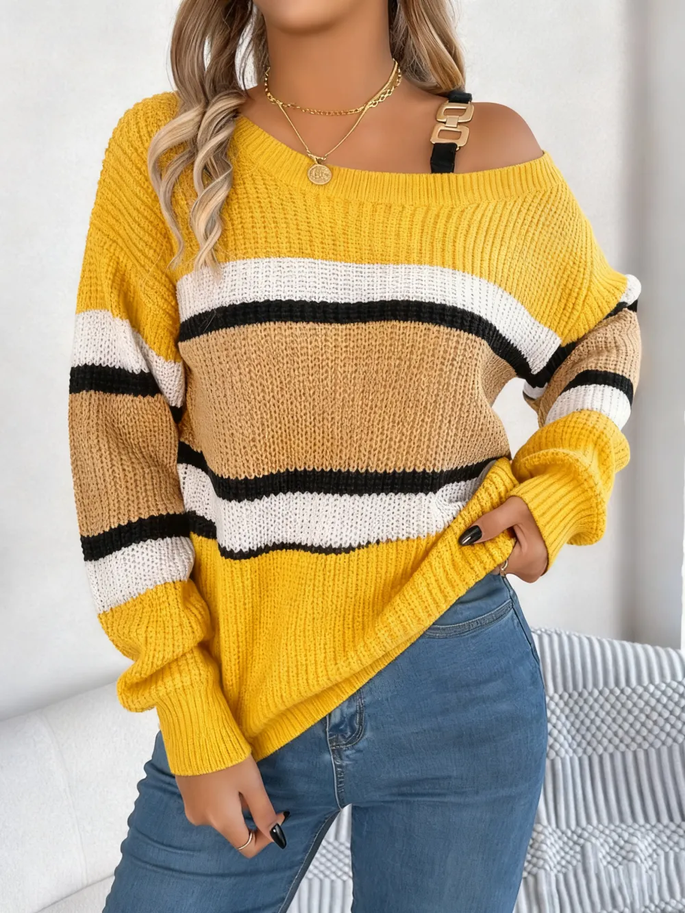Women's Asymmetrical Neck Buckle Sweater