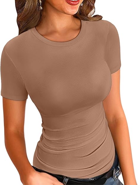 🔥Women’s Ribbed Crewneck Fitted Top – Slim Fit Short & Long Sleeve Basic