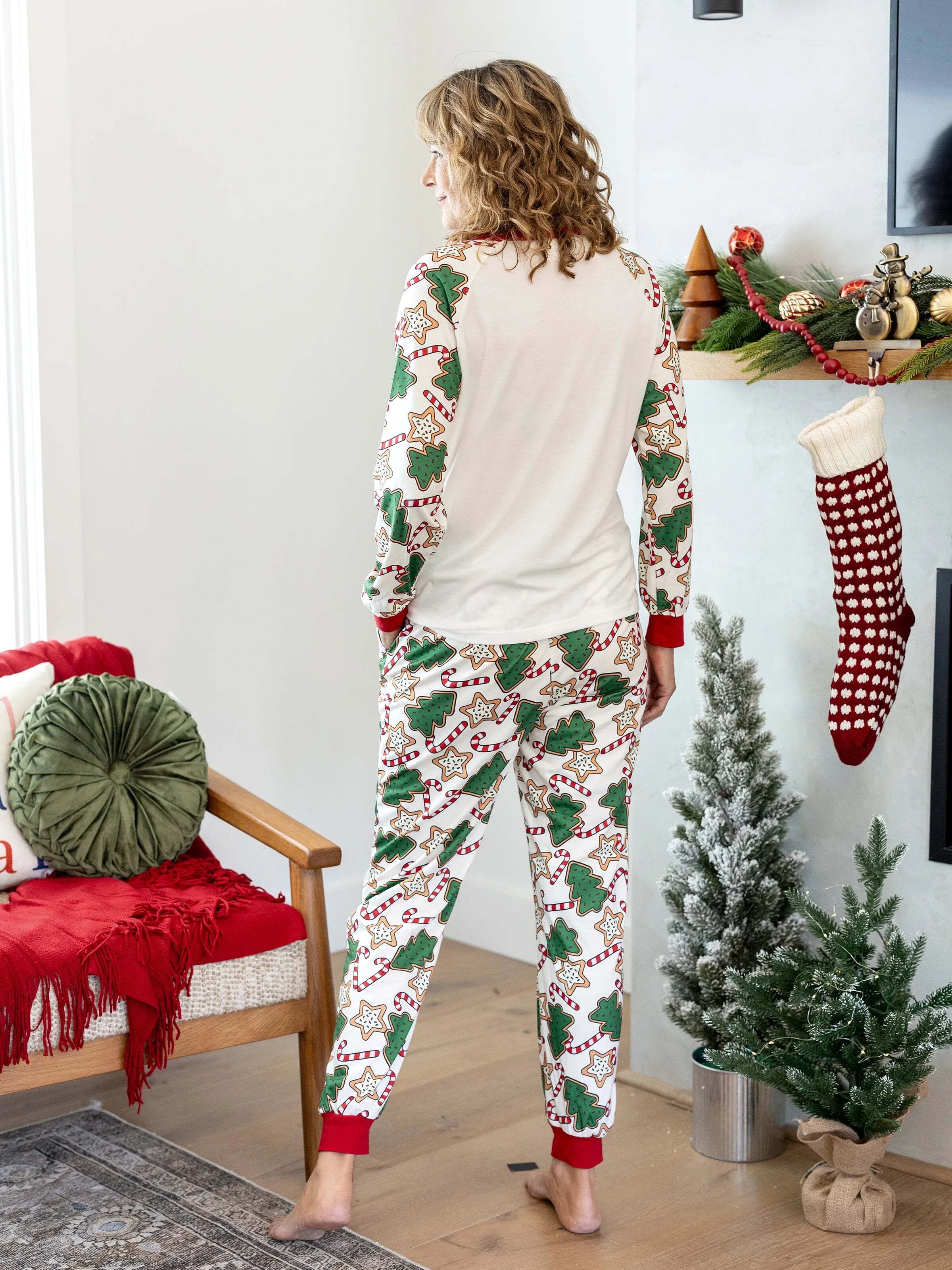 Christmas Matching Family Pajamas Set Christmas Tree Print Red and Apricot PJS with Christmas Socks Apricot