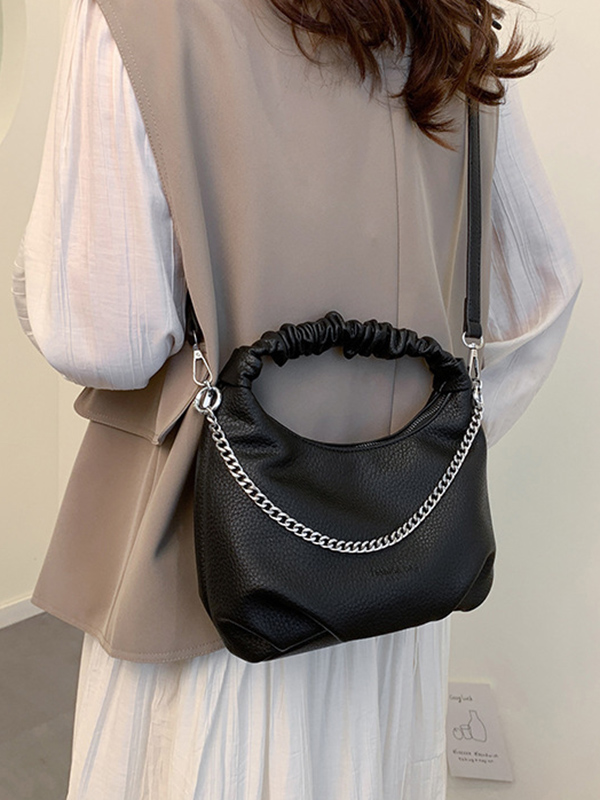 Chains Pleated Solid Color Zipper Handbags Crossbody Bags