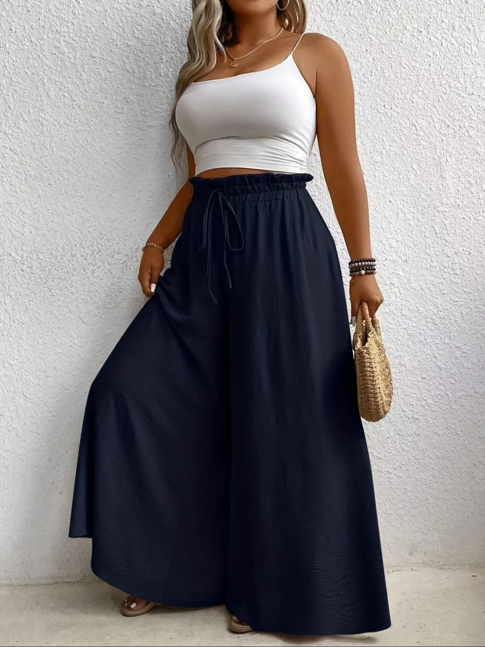 Elegant Plus Size Women's Wide Leg Pants, Loose Fit Commuter Style, Drapey Casual Trousers