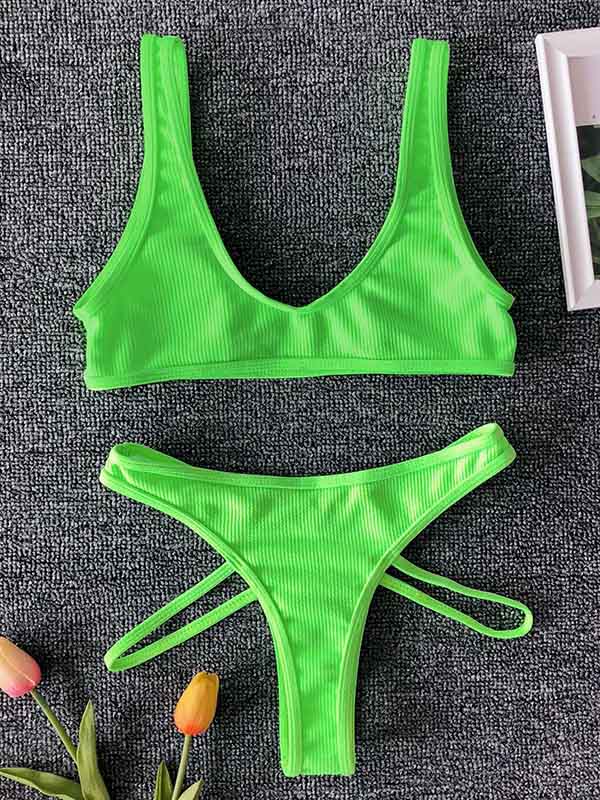 Solid Color U-Neck Bralette Hipster Hollow Bikini Swimwear