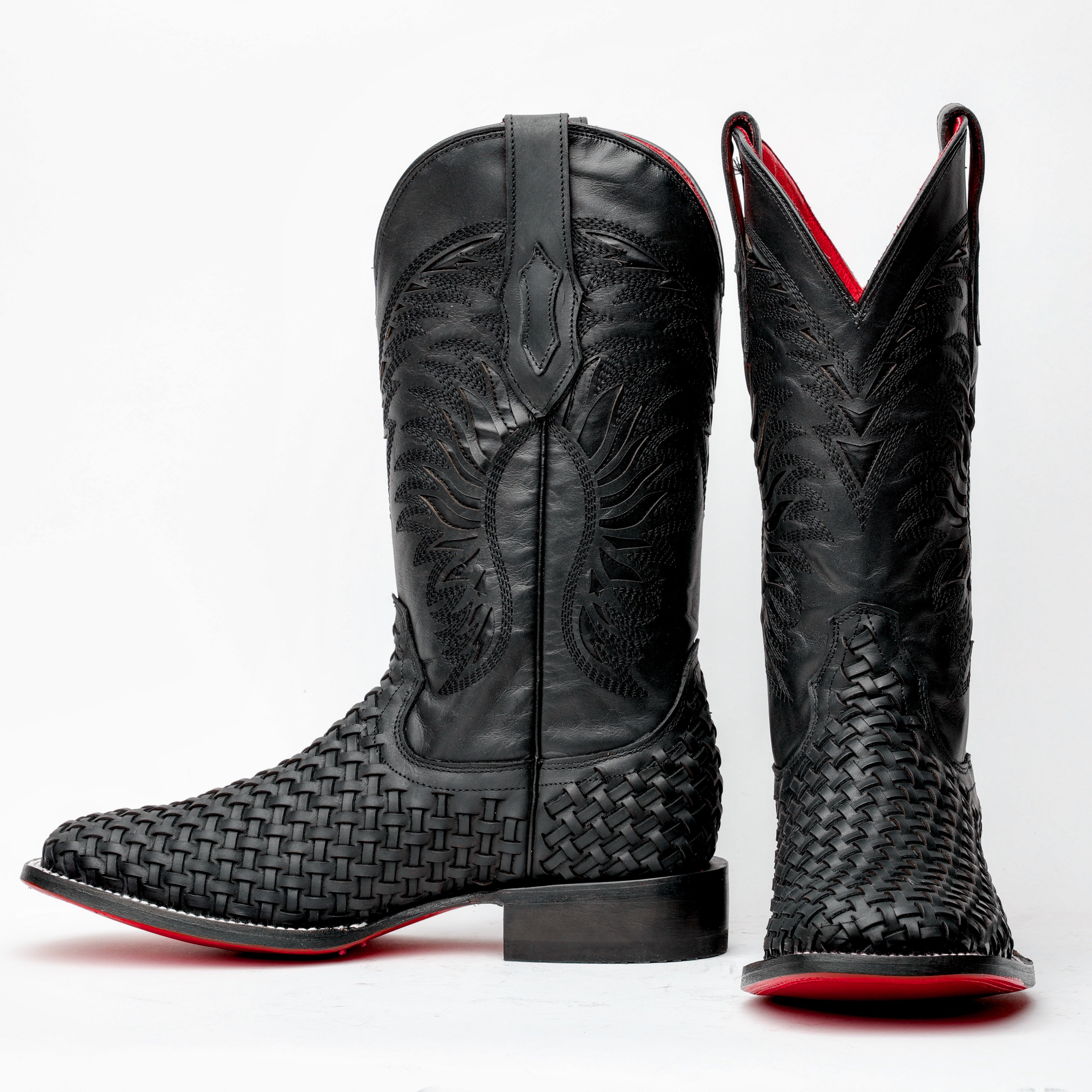 Black Basketweave Leather Boots - Square Toe