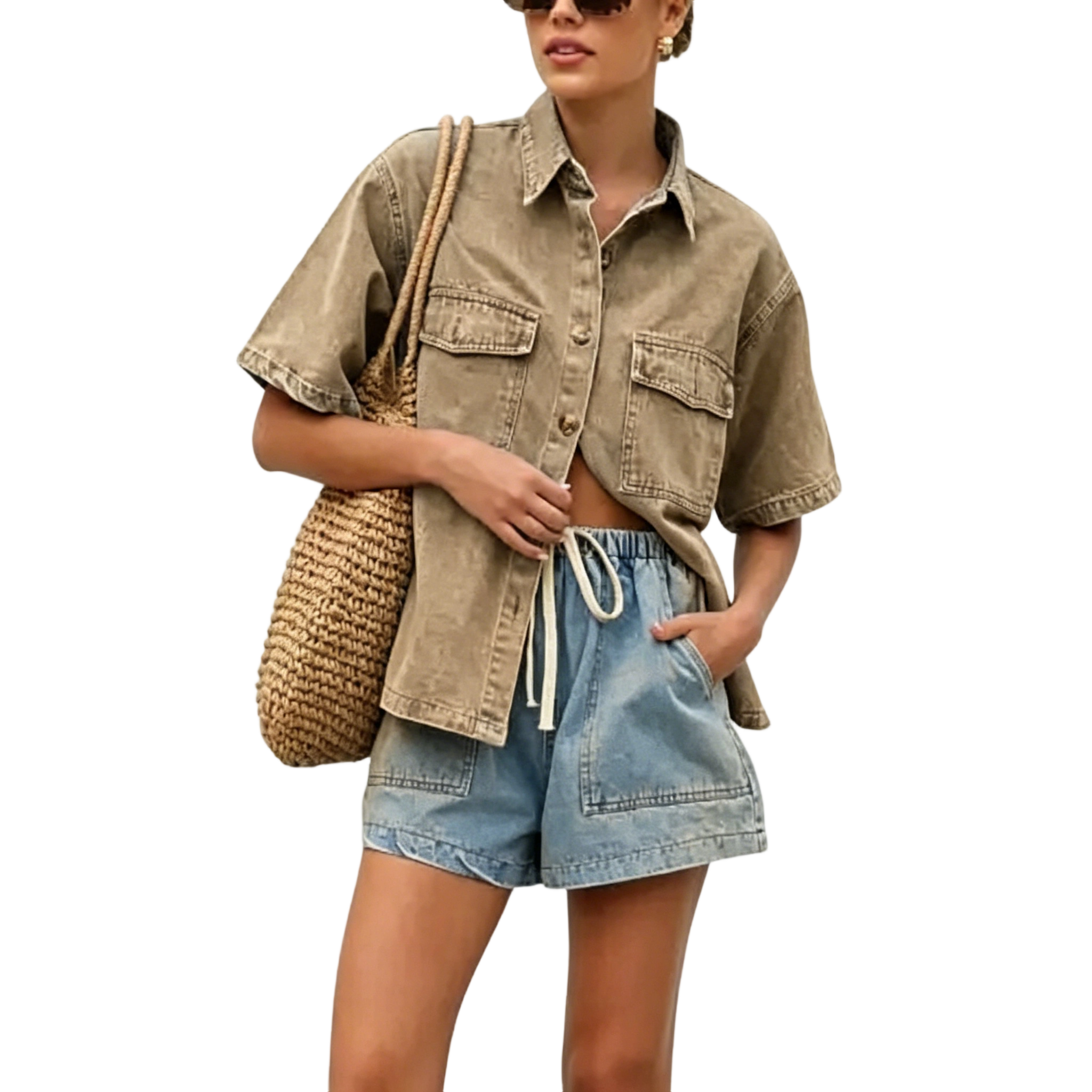 Women's Summer Denim Shirt and Shorts Two-Piece Set Short-Sleeve Button-Down Shirt with Elastic Waist Wide-Leg Shorts Casual Outfit