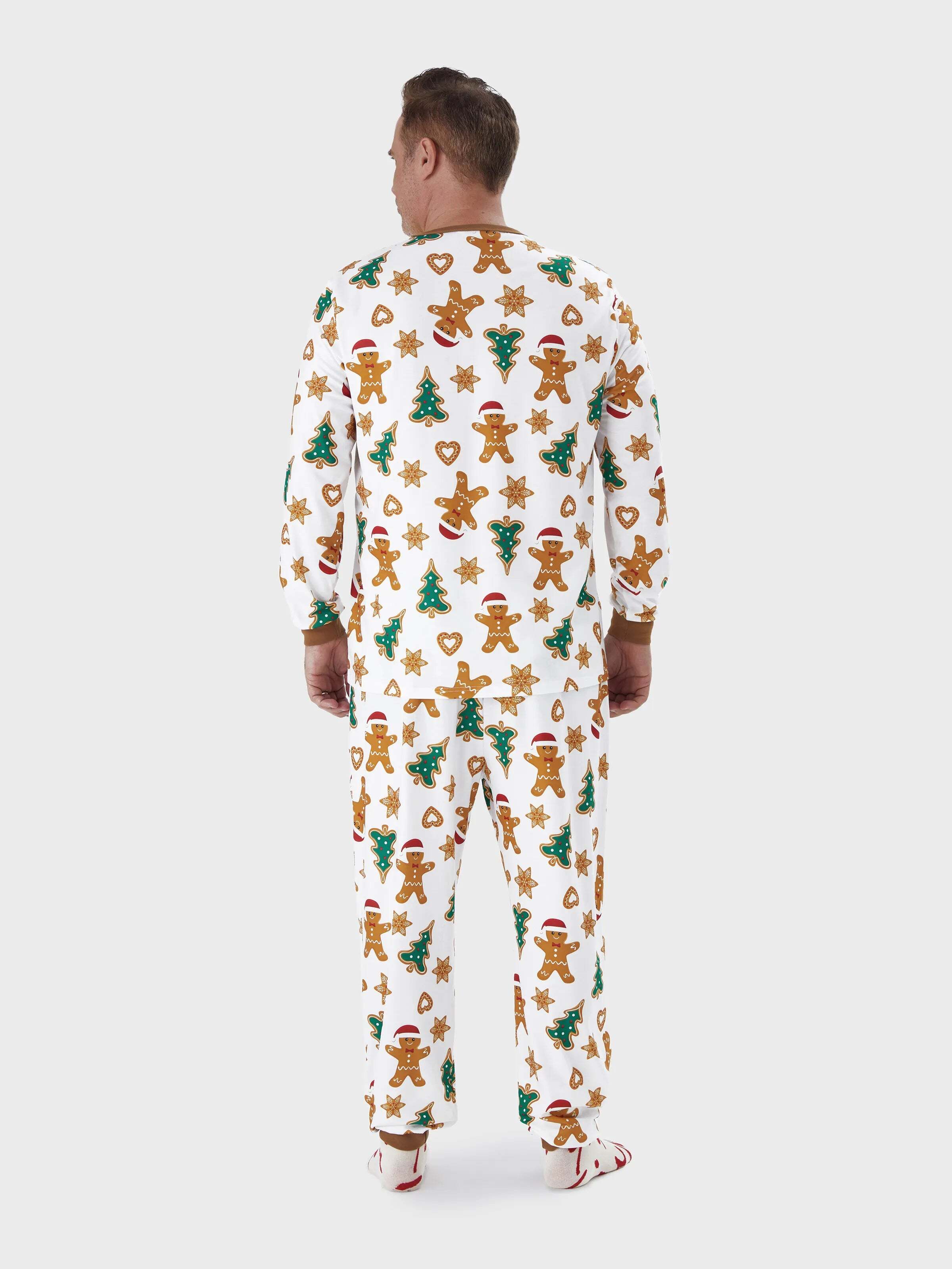 Christmas Family Matching Cartoon Gingerbread Man and Tree All-over Print Long-sleeve Pajamas Sets with Christmas Socks Coffee