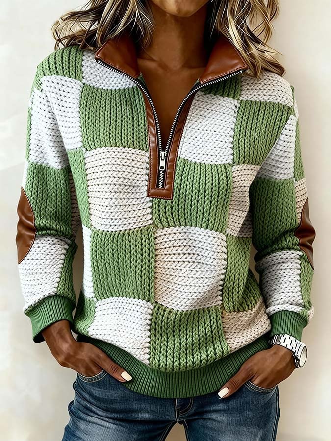 Women'S Casual Leather Patchwork Color-Block Sweater
