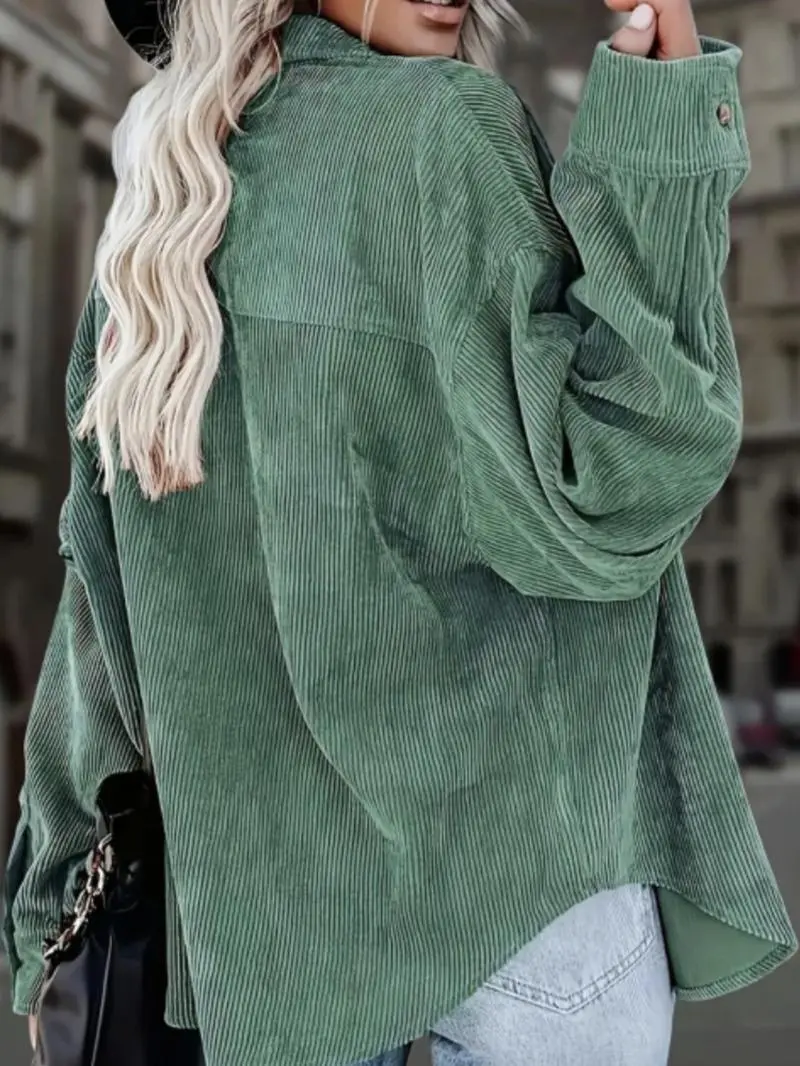 Women's Plain Pocket Button Front Corduroy Shirt