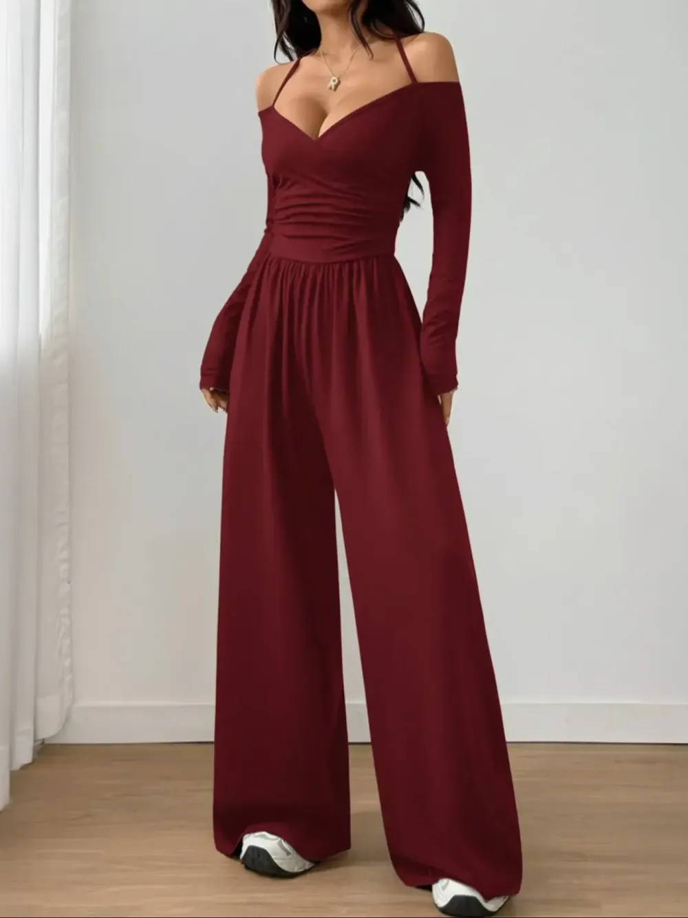 Women's Casual Solid Color Ruched Wide Leg Jumpsuit with Halter-Neck, Stylish and Comfortable Jumpsuit for Daily Wear