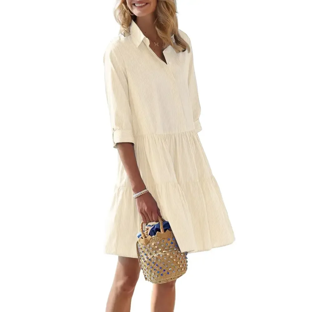 Women's Summer Striped Shirt Dress Half-Button Mini Cake Dress Loose Casual Rolled-Sleeve
