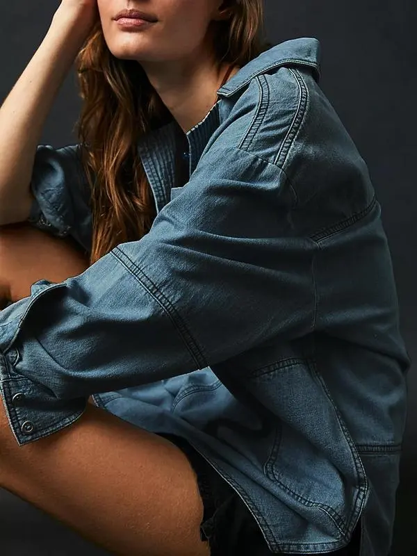 Women's Denim Pullover Casual Loose Fit V Neck Blouse