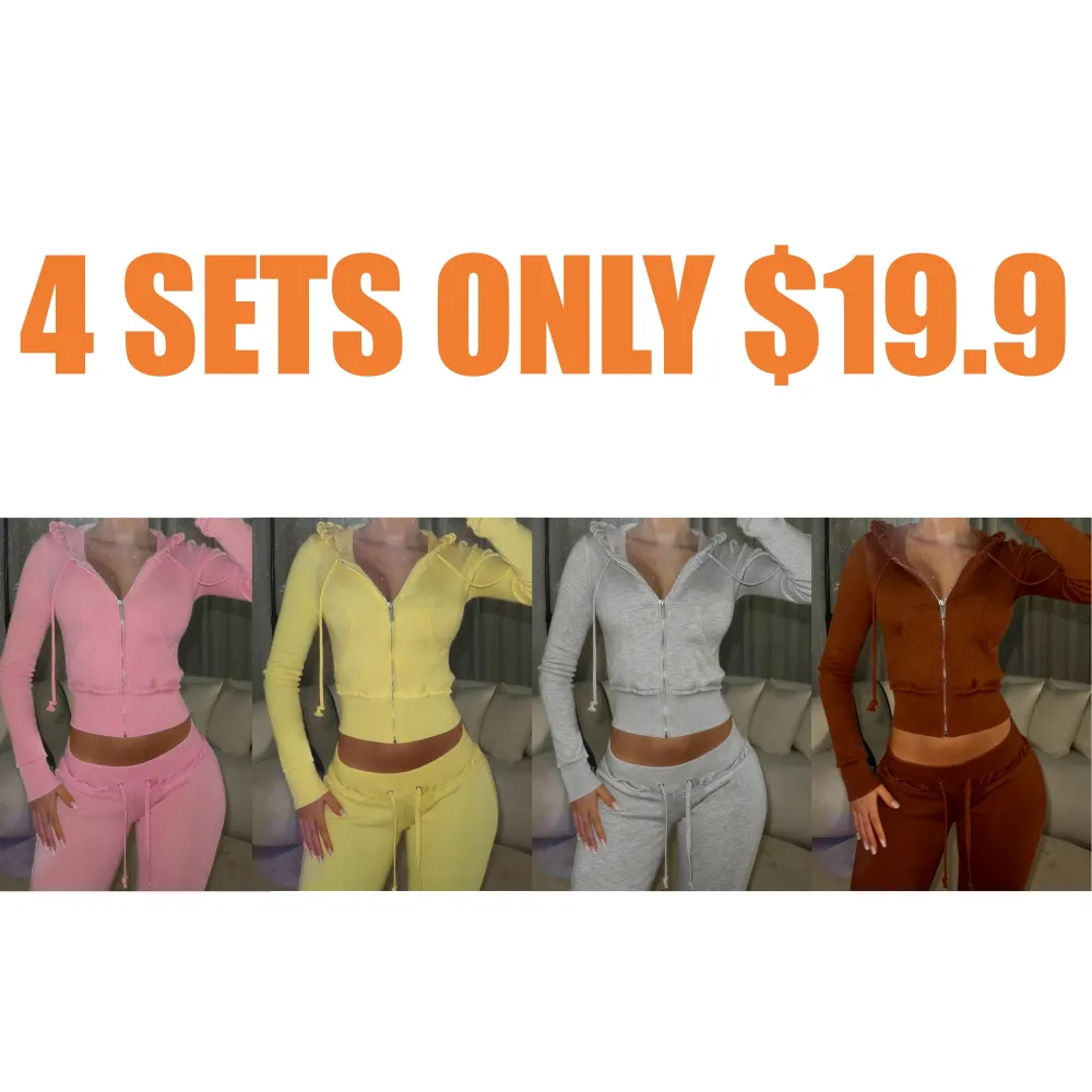 Women's Solid Drawstring Zip Up Crop Hooded Jacket Sets