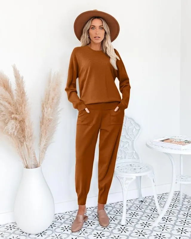 Women's Long Sleeve Knit Loungewear Set Jogger Pants Outfit