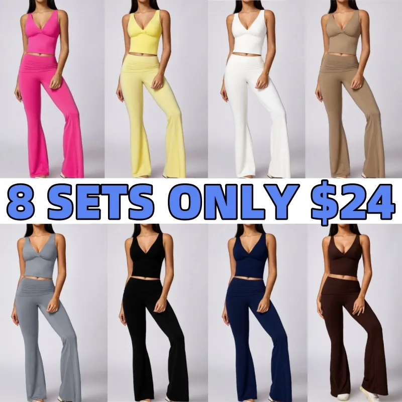 Women's 2-Piece Deep V Neck U-Back Tank & High-Waist Flared Leggings Set