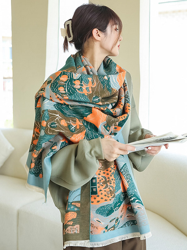 Vintage Printed Tasseled Shawl&Scarf