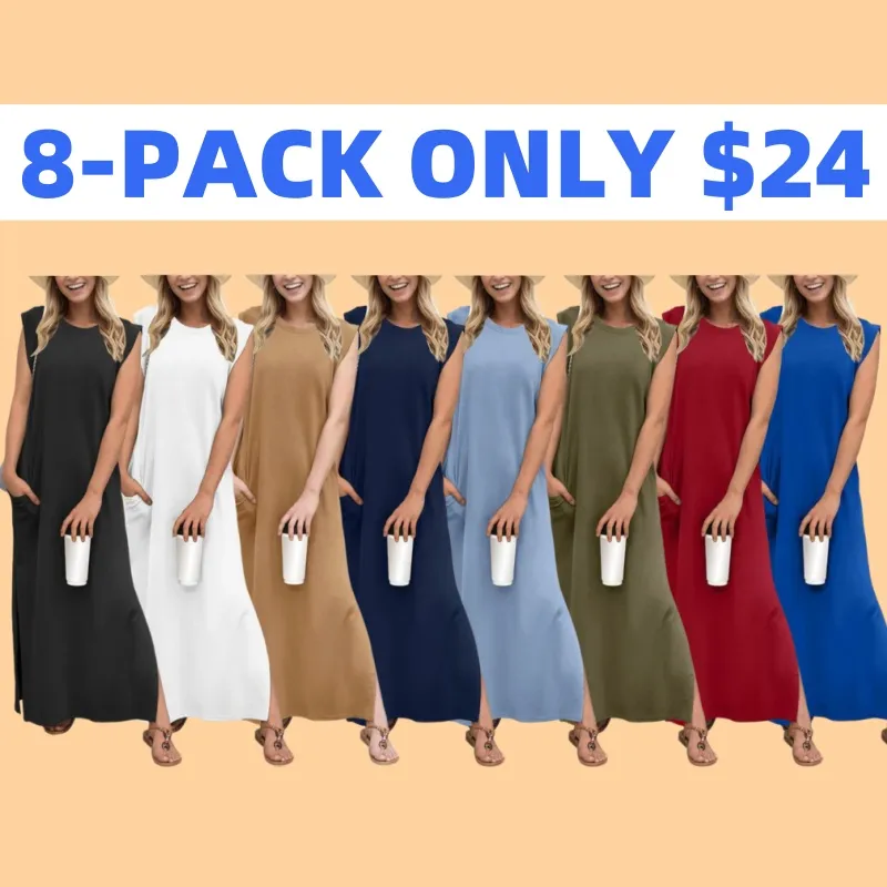 Women Loose Split Wrinkle-Free Long Dress with Pockets