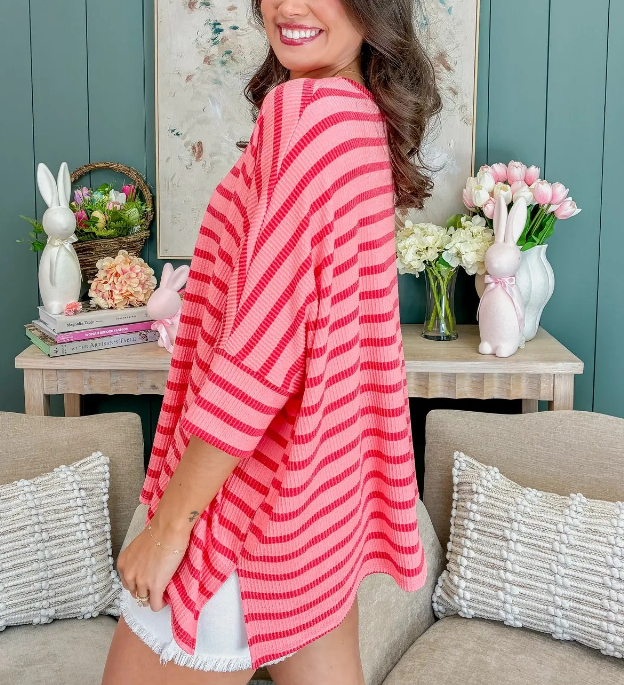 Women’s Spring Striped Raised Rib 3/4 Sleeve Top