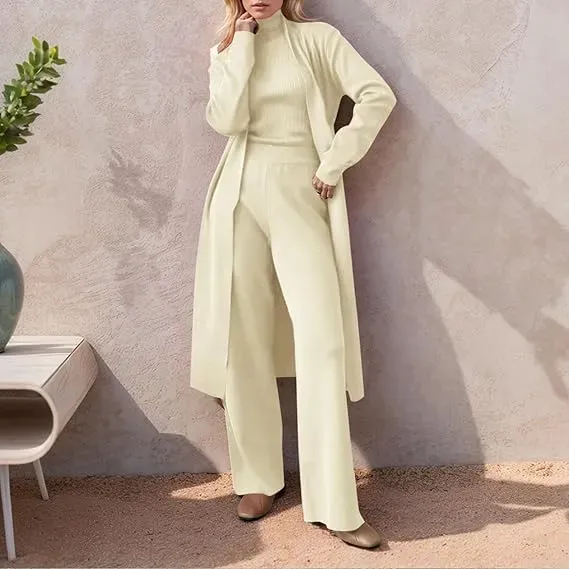 Three-Piece Set - Knit Turtleneck Tank & Wide Leg Pants With Long Cardigan